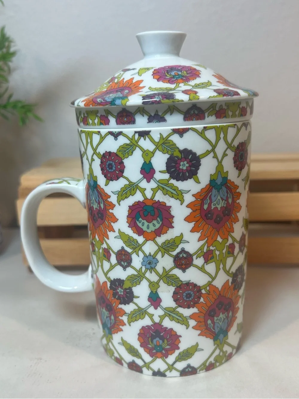 3-pc World Market Teacup, Loose-Leaf Infuser, and Lid 6” Combo | 12 oz. | Boho